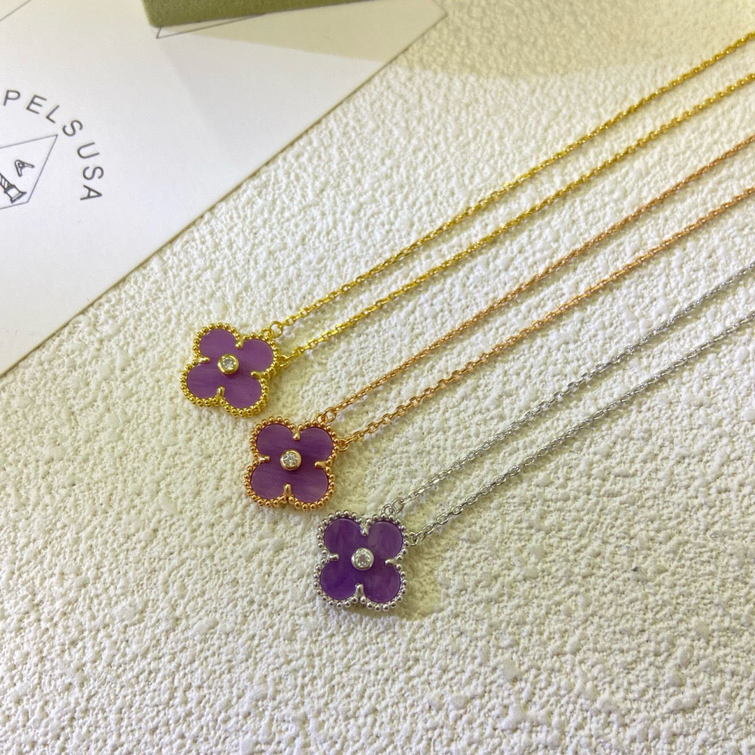 [Lora-Jewelry]CLOVER 15MM DIAMOND  PURPLE VIOLET NECKLACE