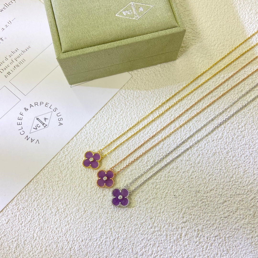 [Lora-Jewelry]CLOVER 15MM DIAMOND  PURPLE VIOLET NECKLACE