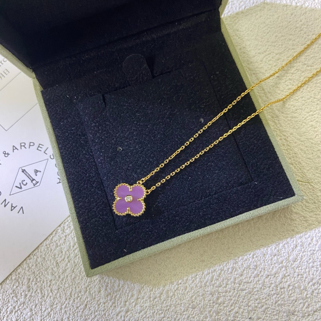 [Lora-Jewelry]CLOVER 15MM DIAMOND  PURPLE VIOLET NECKLACE