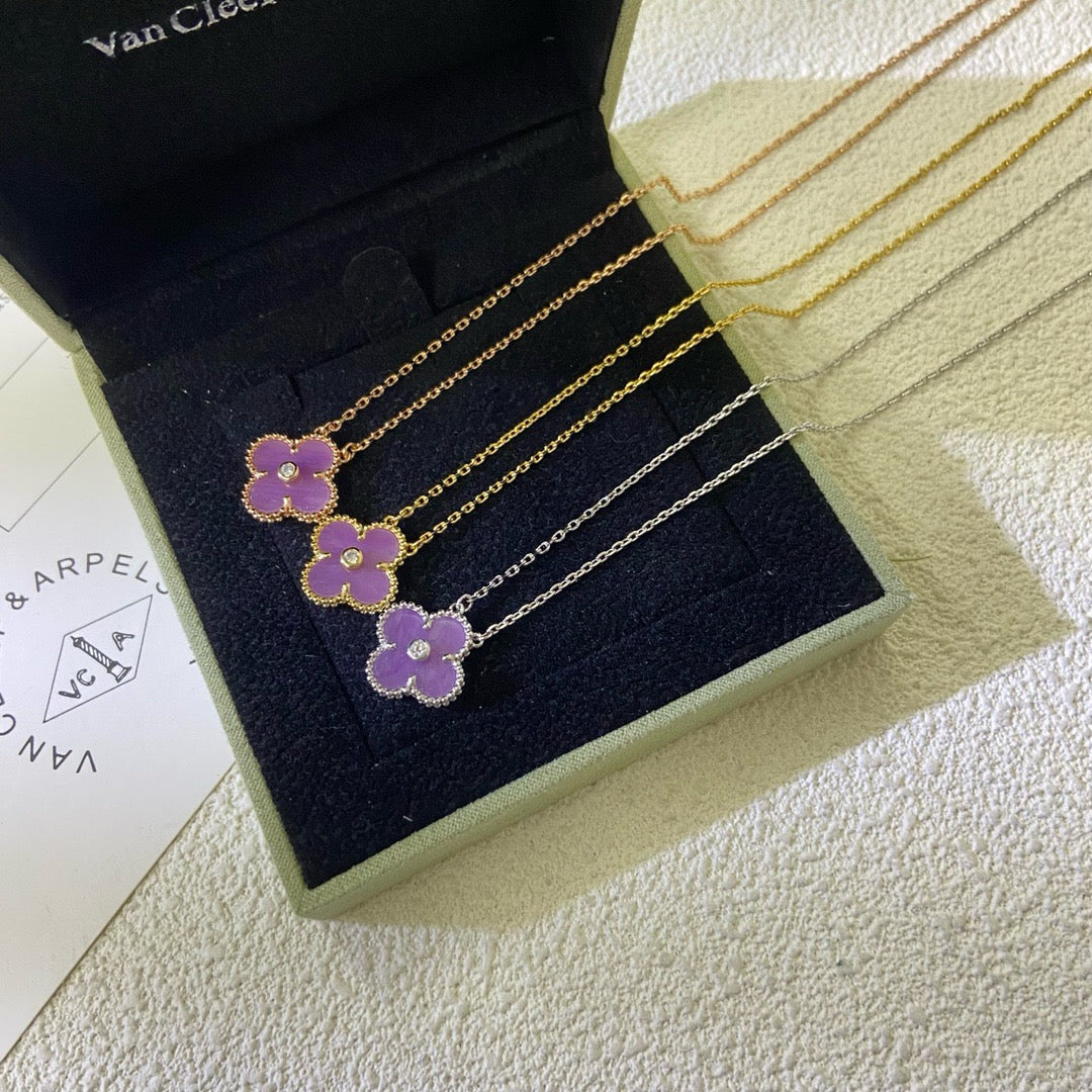 [Lora-Jewelry]CLOVER 15MM DIAMOND  PURPLE VIOLET NECKLACE