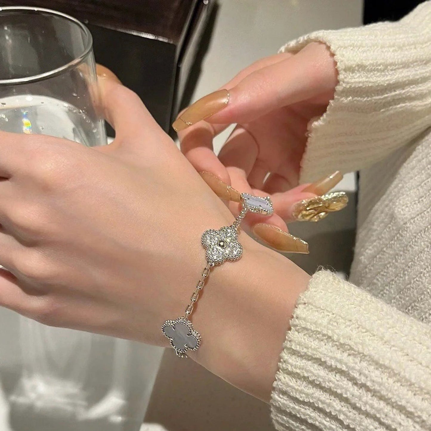 [ローラジュエリー]クローバー 5モチーフ ダイヤモンド パープル カルセドニー ブレスレット シルバー