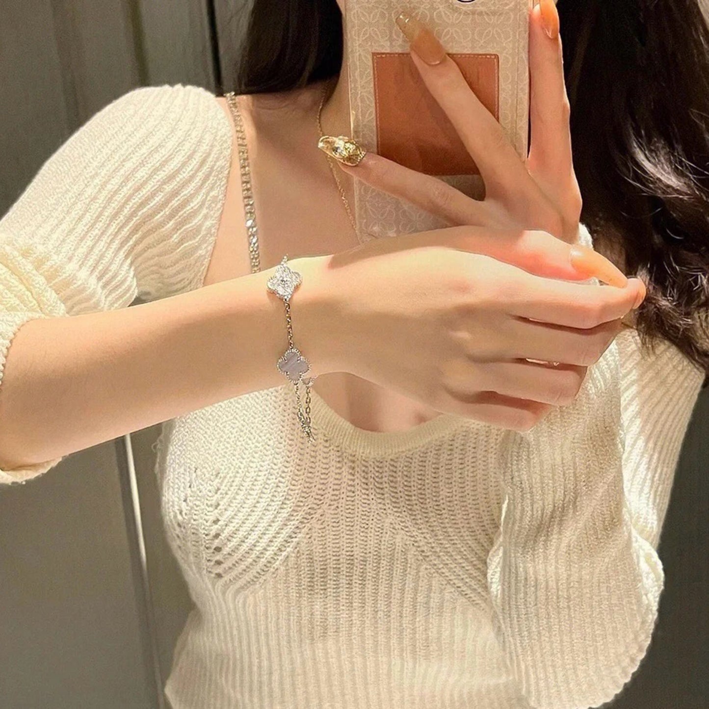 [ローラジュエリー]クローバー 5モチーフ ダイヤモンド パープル カルセドニー ブレスレット シルバー