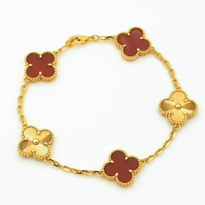 [Lora-Jewelry]BRACELET EN OR AVEC 5 MOTIFS DE TRÈFLE ET CORNALINE 
