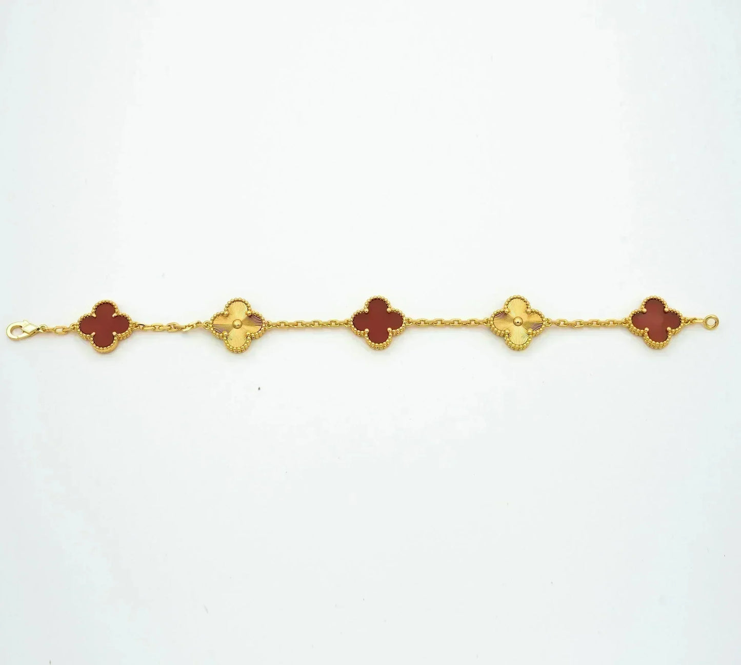 [Lora-Jewelry]BRACELET EN OR AVEC 5 MOTIFS DE TRÈFLE ET CORNALINE 