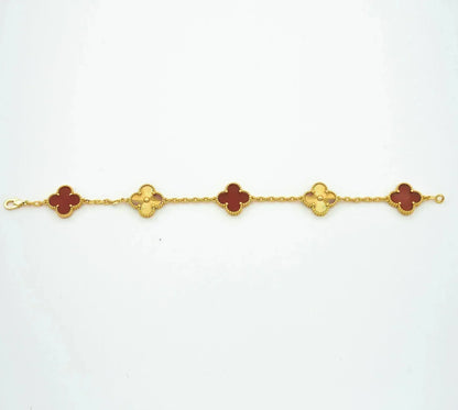 [Lora-Jewelry]BRACELET EN OR AVEC 5 MOTIFS DE TRÈFLE ET CORNALINE 