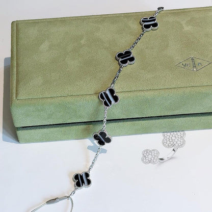 [Lora-Jewelry]CLOVER 5 MOTIF VEINED ONYX BRACELET SILVER