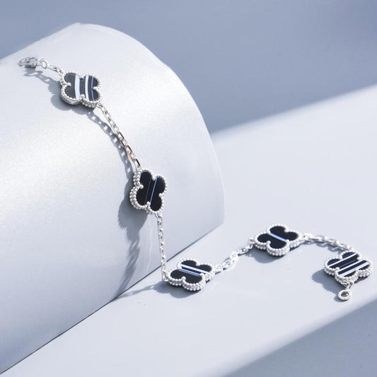 [Lora-Jewelry]CLOVER 5 MOTIF VEINED ONYX BRACELET SILVER