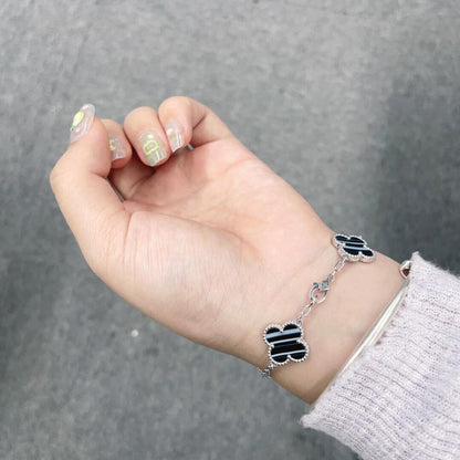 [Lora-Jewelry]CLOVER 5 MOTIF VEINED ONYX BRACELET SILVER