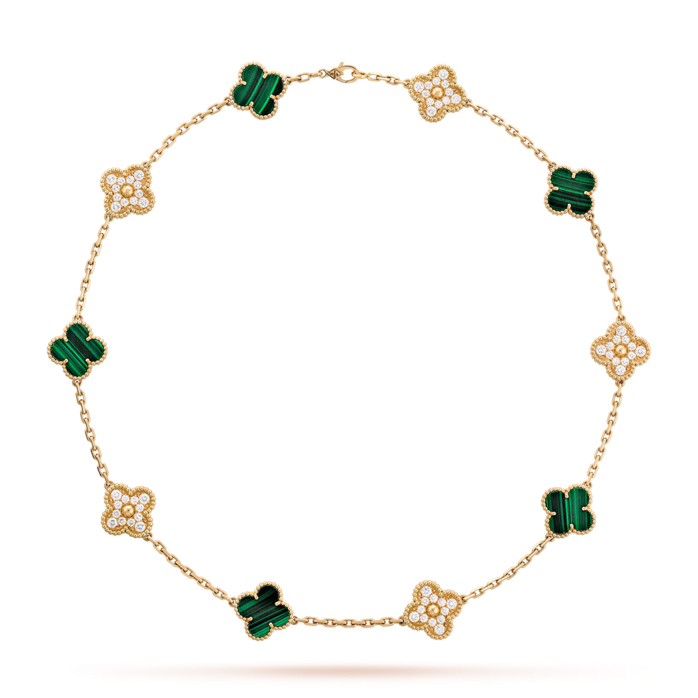 [Lora-Jewelry] COLLIER TRÈFLE 10 MOTIFS MALACHITE DIAMANT