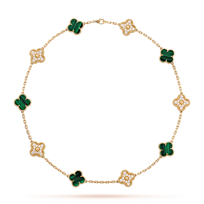 [Lora-Jewelry] COLLIER TRÈFLE 10 MOTIFS MALACHITE DIAMANT