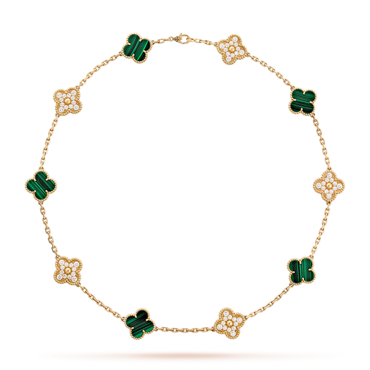 [Lora-Jewelry]CLOVER 10 MOTIFS MALACHITE DIAMOND NECKLACE