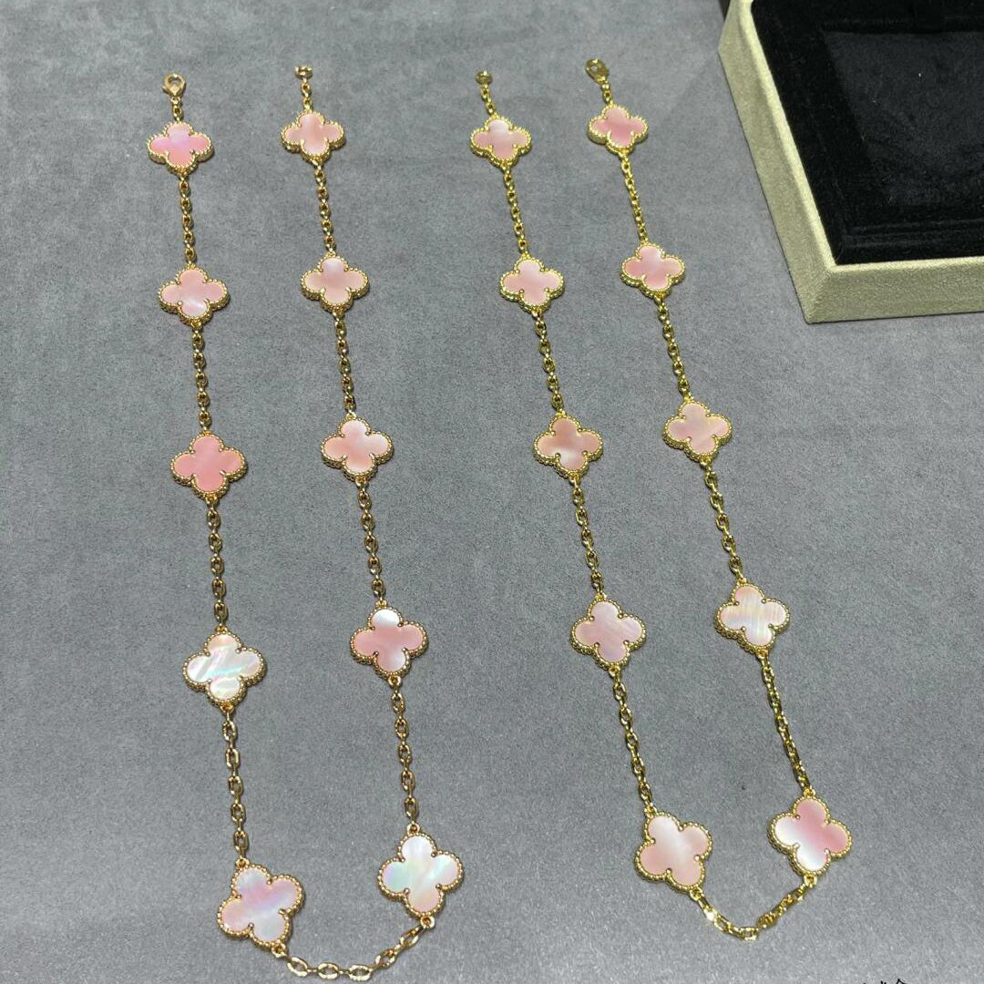 [ローラジュエリー]クローバー 10モチーフ ピンク モップネックレス