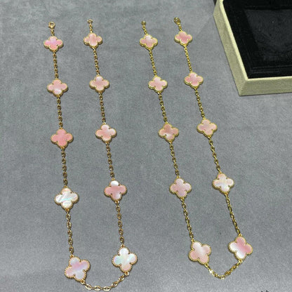 [ローラジュエリー]クローバー 10モチーフ ピンク モップネックレス