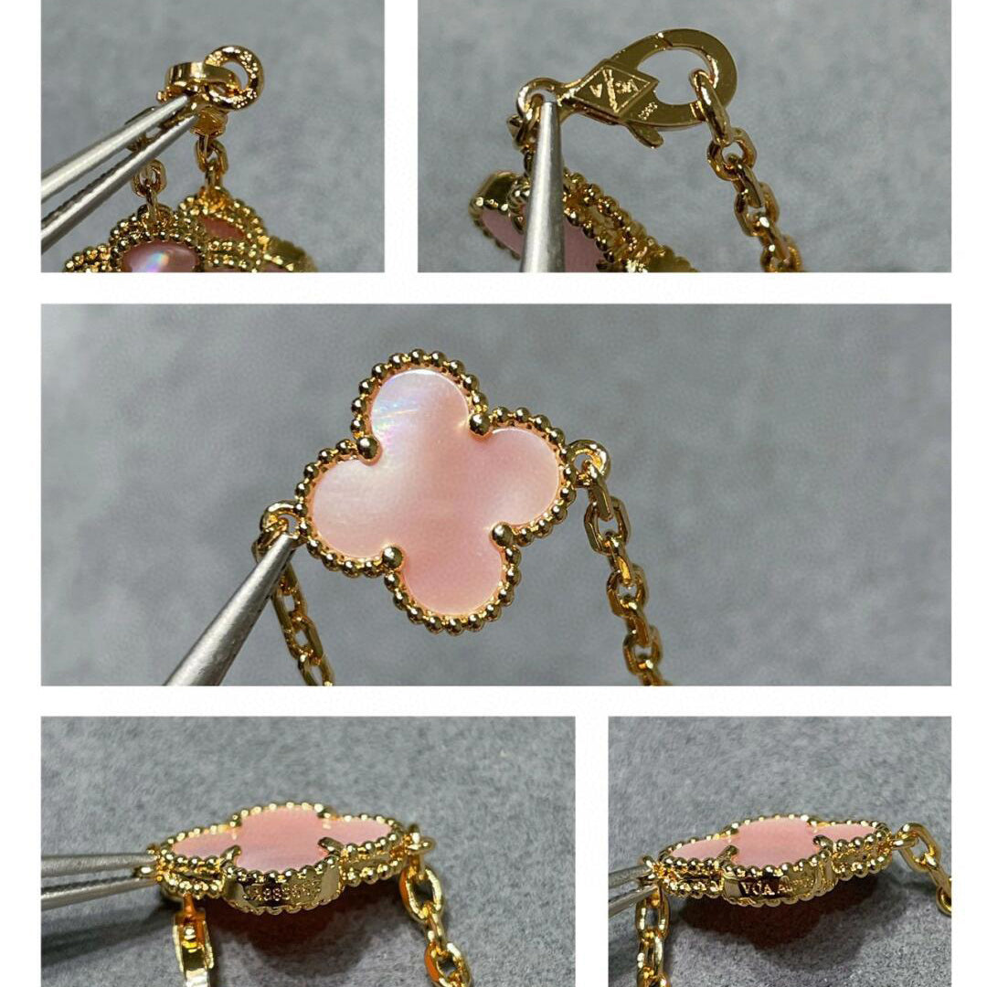 [ローラジュエリー]クローバー 10モチーフ ピンク モップネックレス