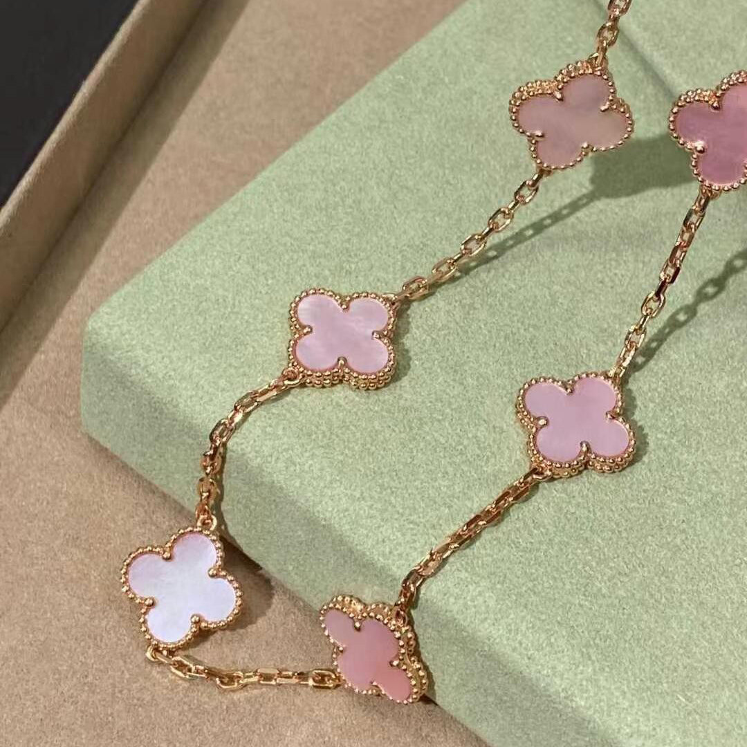 [ローラジュエリー]クローバー 10モチーフ ピンク モップネックレス