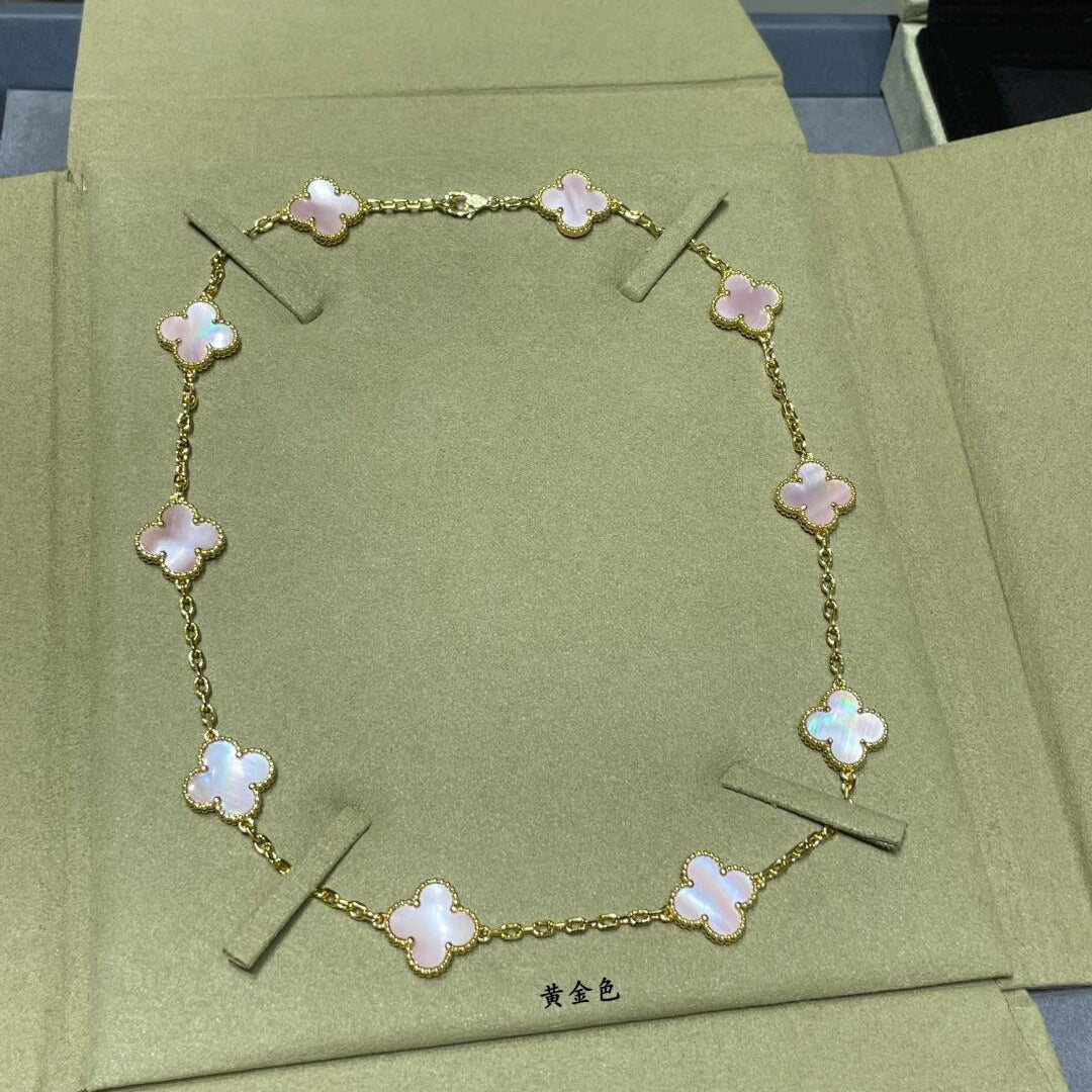[ローラジュエリー]クローバー 10モチーフ ピンク モップネックレス