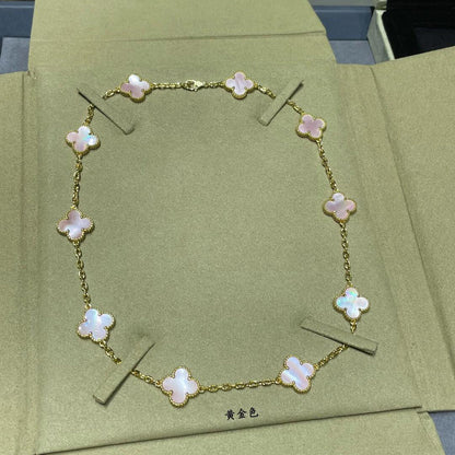 [ローラジュエリー]クローバー 10モチーフ ピンク モップネックレス