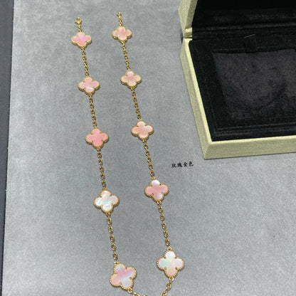 [ローラジュエリー]クローバー 10モチーフ ピンク モップネックレス