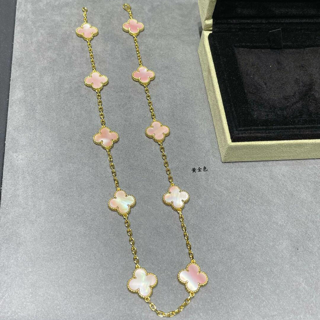 [ローラジュエリー]クローバー 10モチーフ ピンク モップネックレス