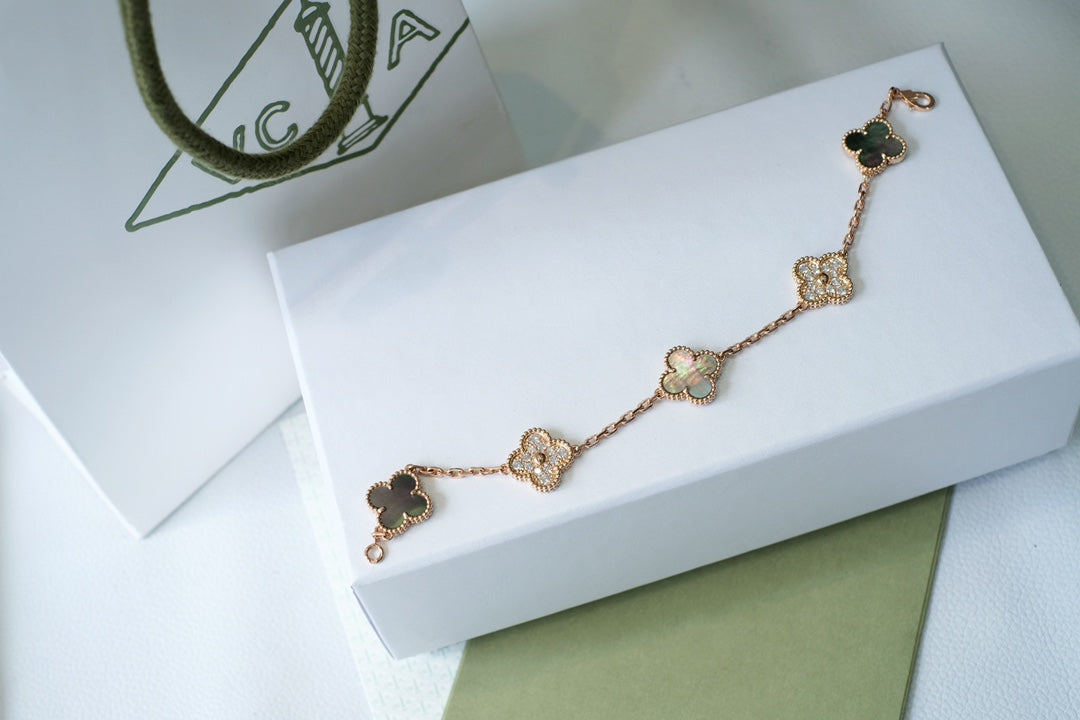 [Lora-Jewelry]CLOVER 5 MOTIFS DARK MOP AND DIAMONDS PINK GOLD BRACELET