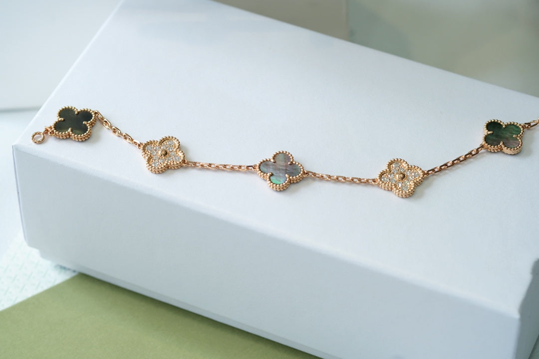[Lora-Jewelry]CLOVER 5 MOTIFS DARK MOP AND DIAMONDS PINK GOLD BRACELET