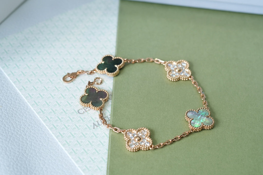 [Lora-Jewelry]CLOVER 5 MOTIFS DARK MOP AND DIAMONDS PINK GOLD BRACELET