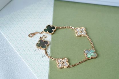 [Lora-Jewelry]CLOVER 5 MOTIFS DARK MOP AND DIAMONDS PINK GOLD BRACELET