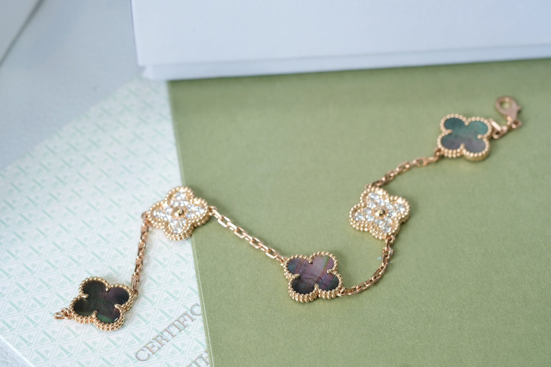 [Lora-Jewelry]CLOVER 5 MOTIFS DARK MOP AND DIAMONDS PINK GOLD BRACELET