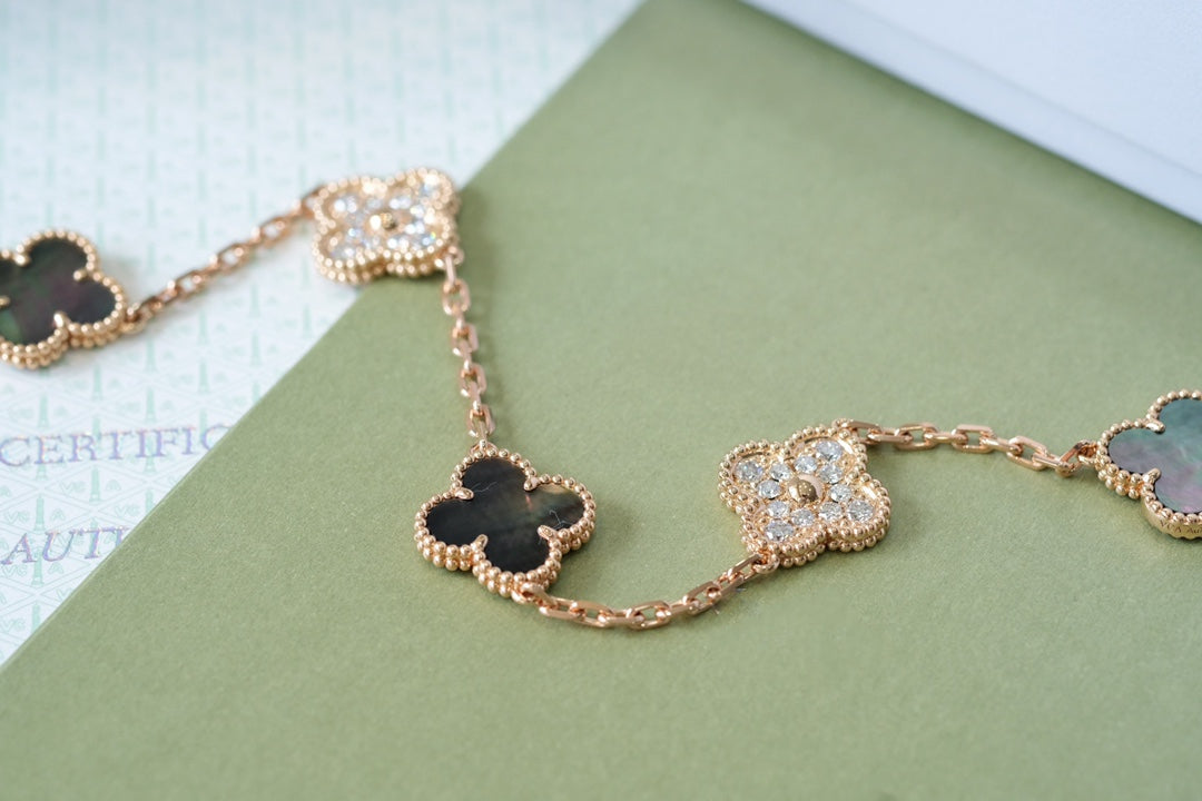 [Lora-Jewelry]CLOVER 5 MOTIFS DARK MOP AND DIAMONDS PINK GOLD BRACELET